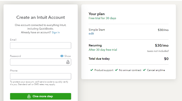 Create A New Intuit Account