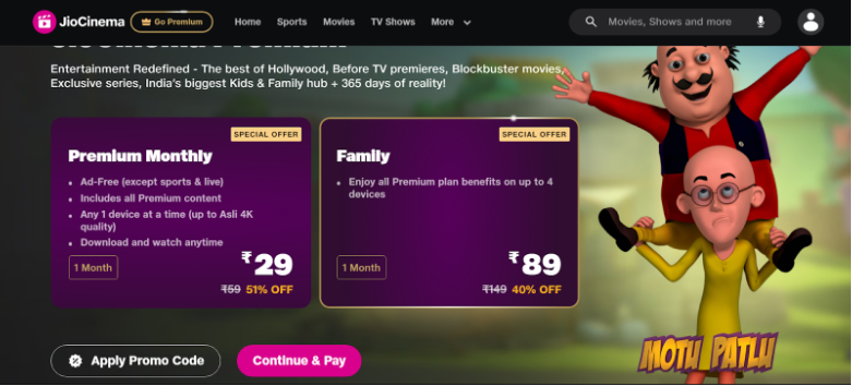 JioCinema’s Subscription Page JioCinema’s Subscription Page