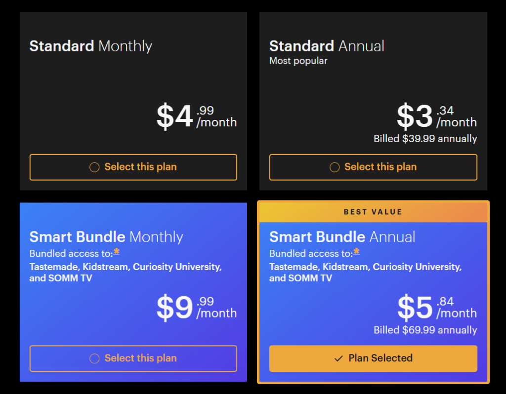 Curiosity Stream Pricing Page