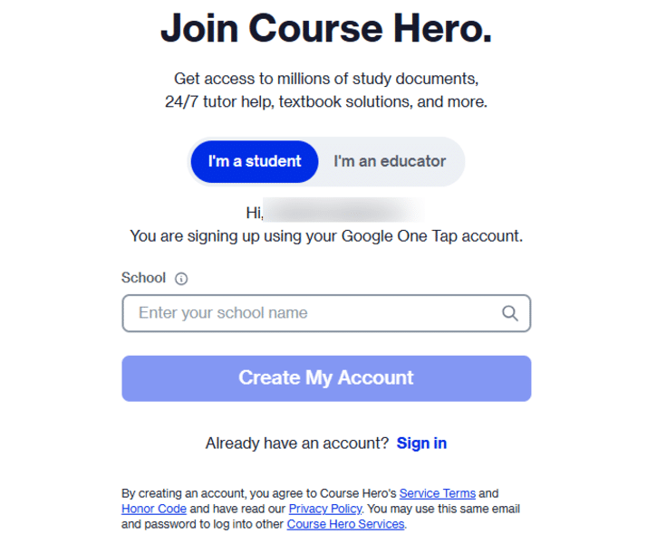 Course Hero Create My Account Page