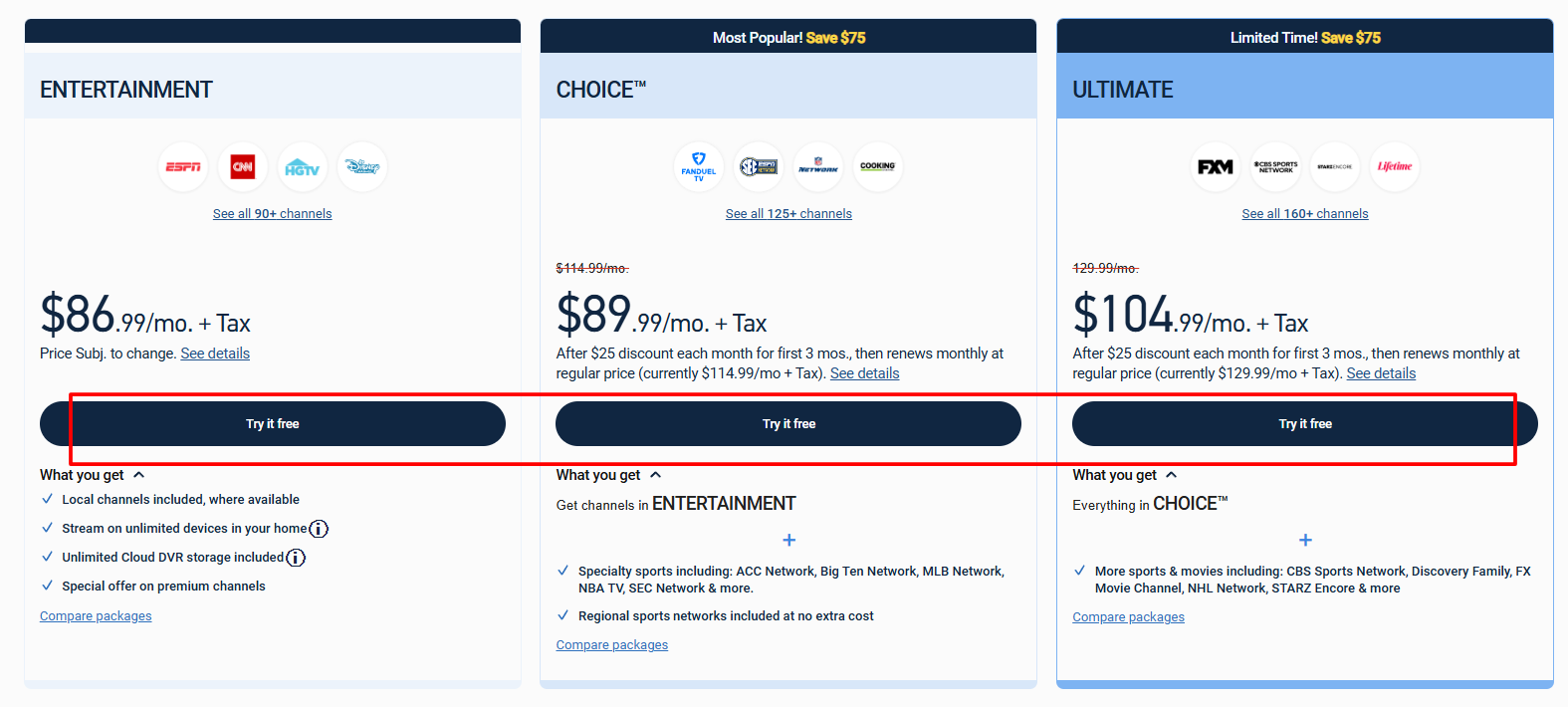 DirecTv Pricing Page