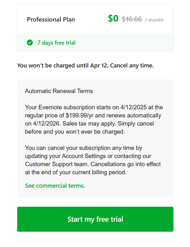 Evernote Professional Plan Free Trial