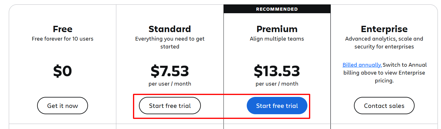Jira Pricing Page