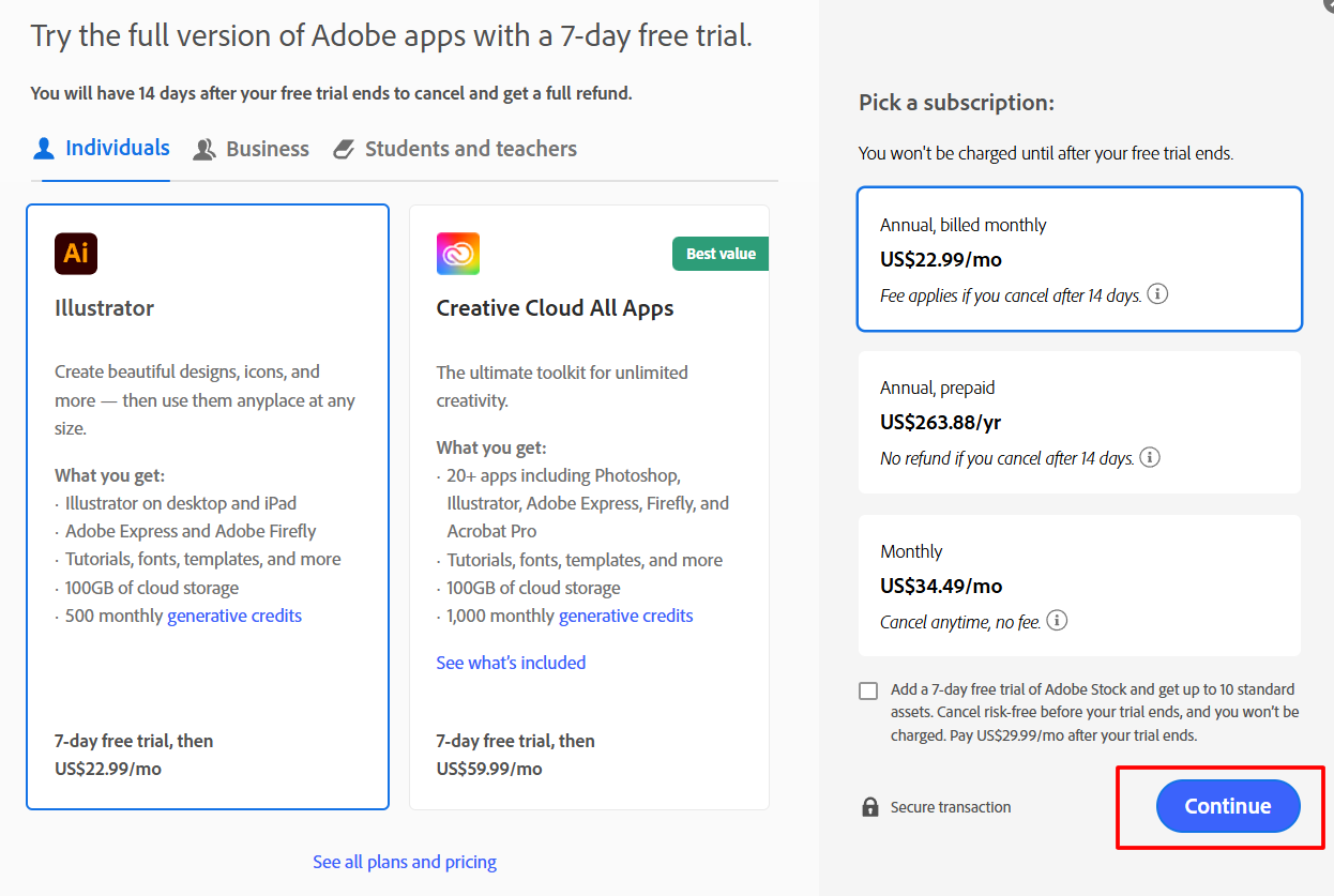 Adobe Illustrator Subscription Page