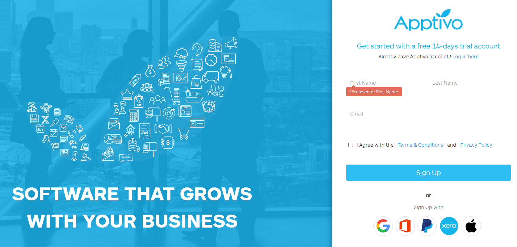 Apptivo Sign Up Page