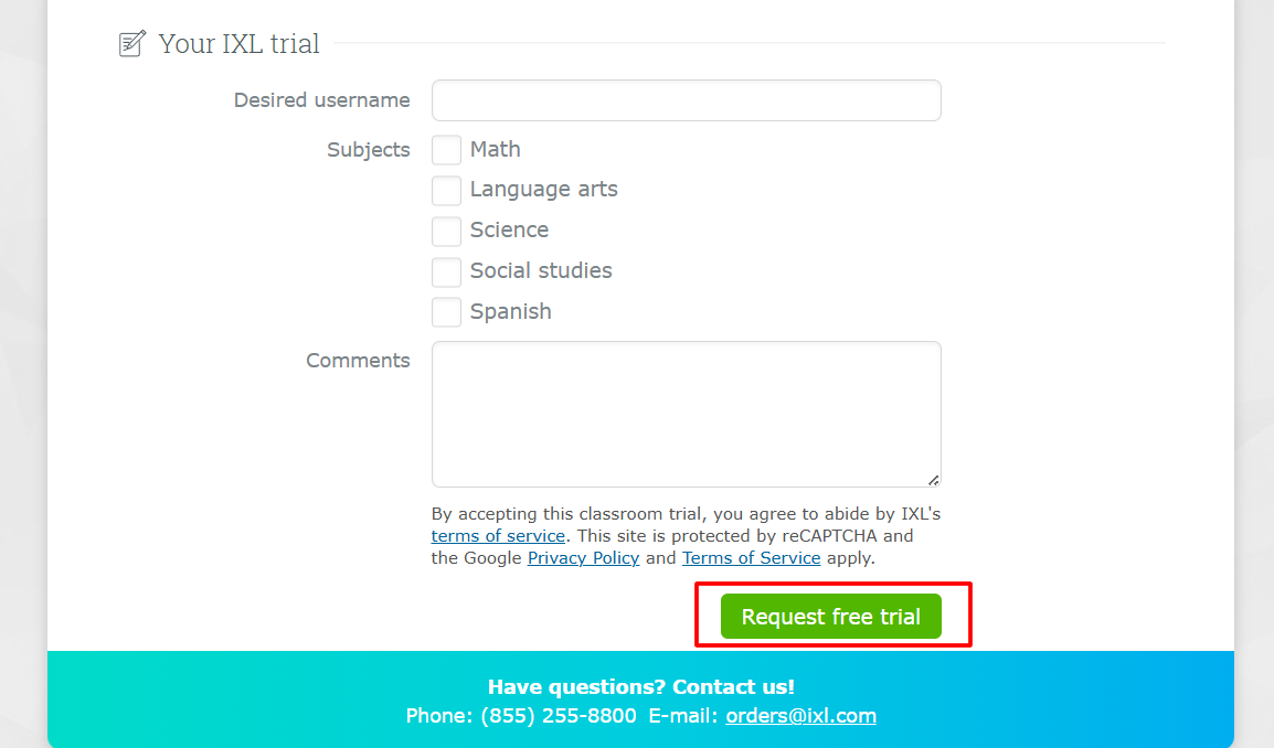 Click On Request IXL Free Trial