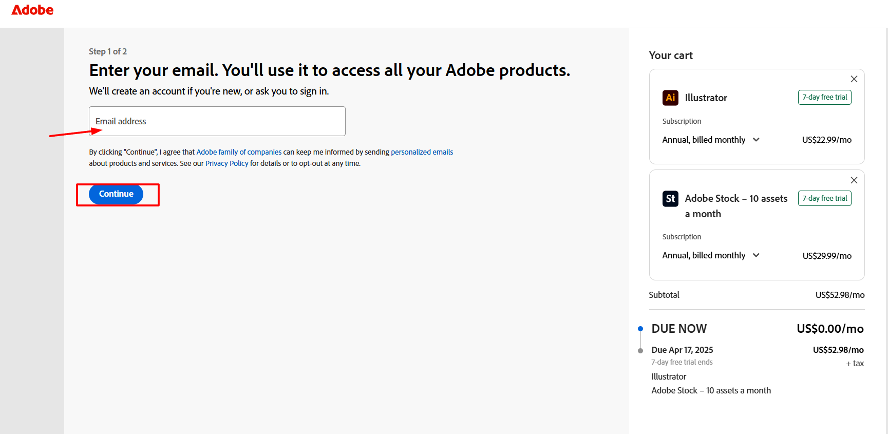 Enter Your Email Address and Click “Continue