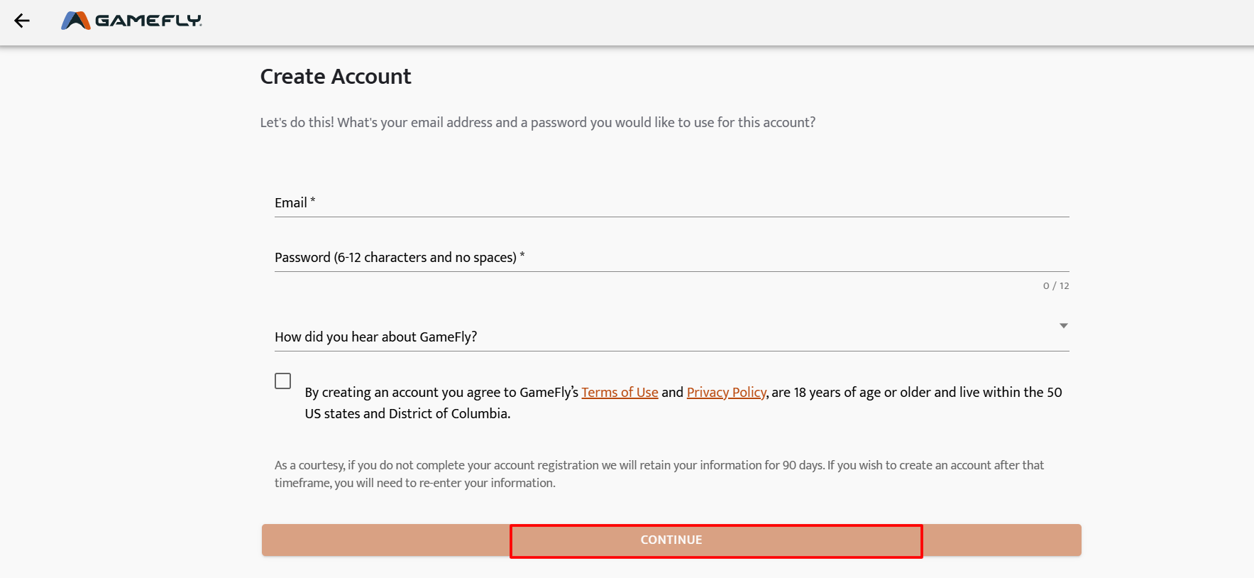 GameFly Account Creation Page