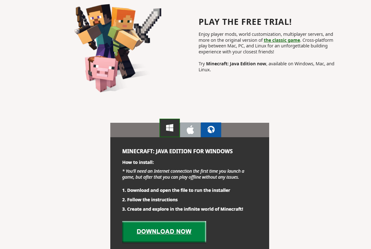 Minecraft Free Trial Page