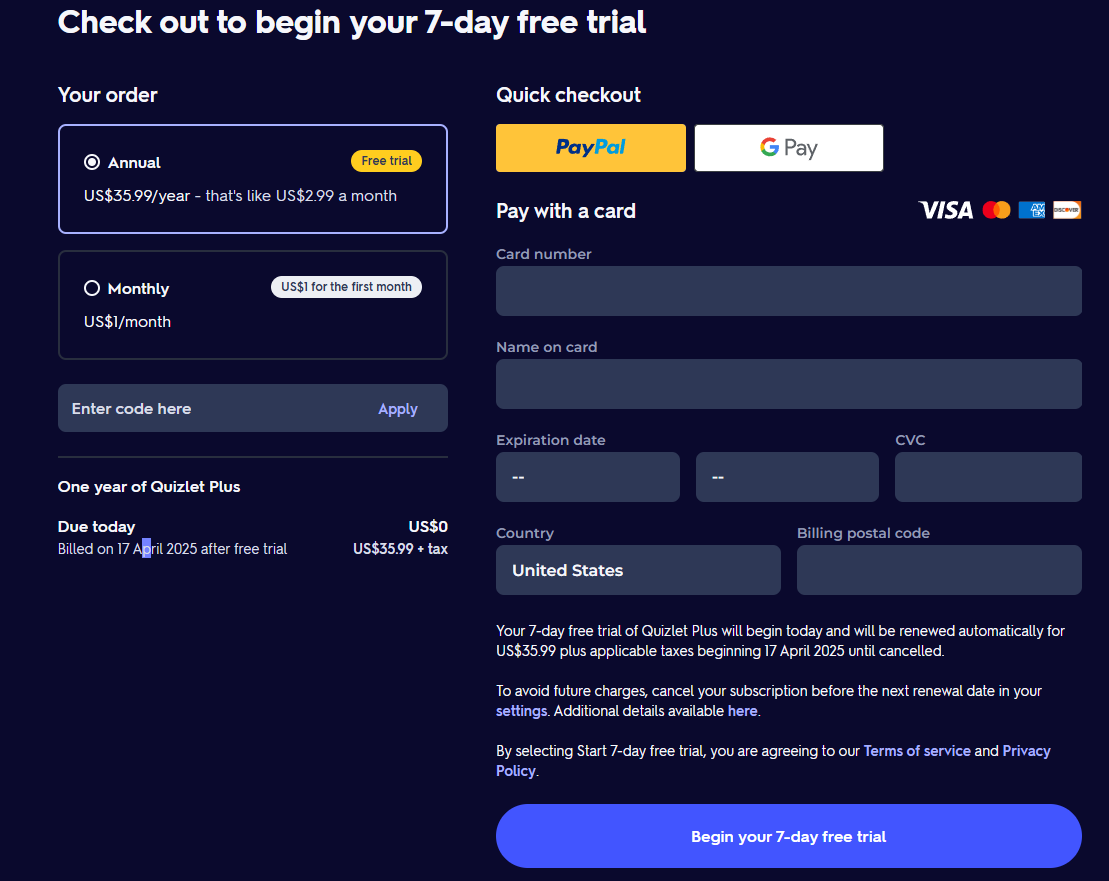 Quizlet Checkout Page