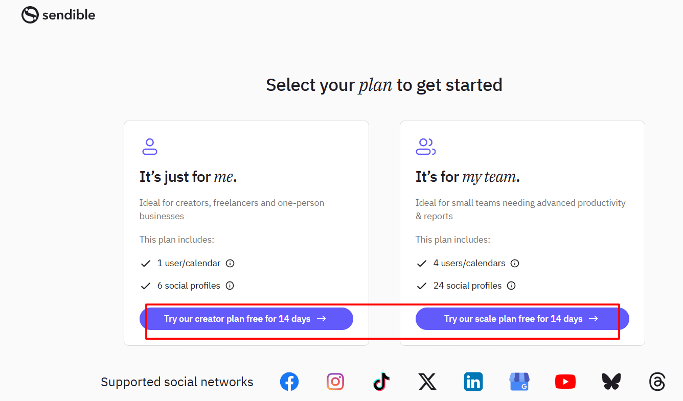 Sendible free trial page