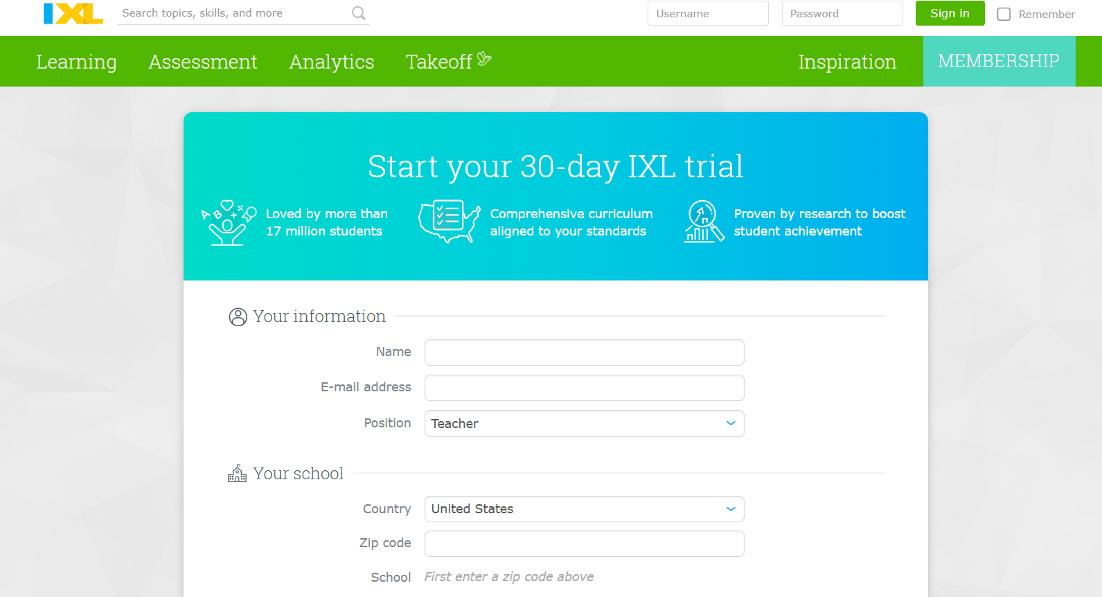 Signup IXL Free Trial Page