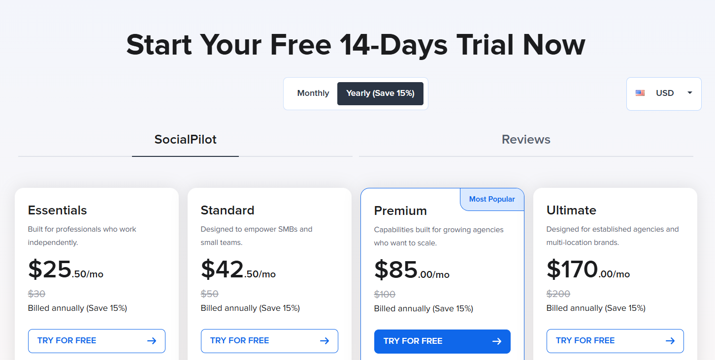 SocialPilot Pricing Page