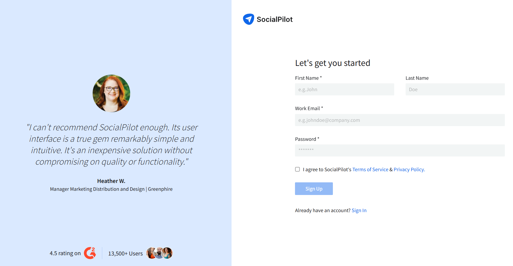 SocialPilot Sign Up Page