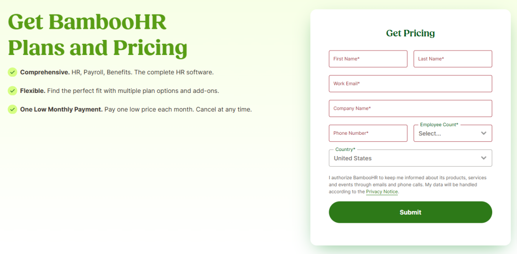 BambooHR pricing page