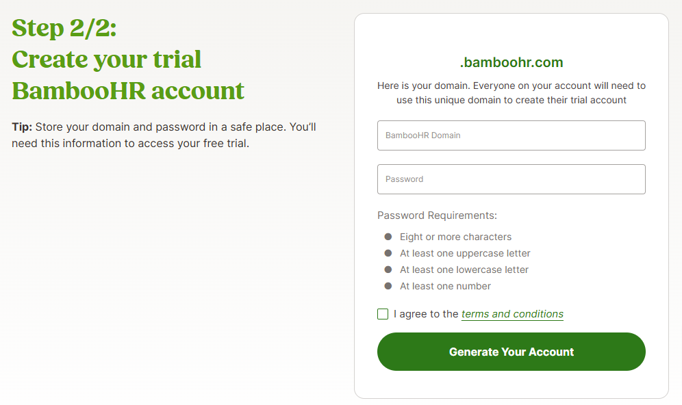 BambooHR sign up page
