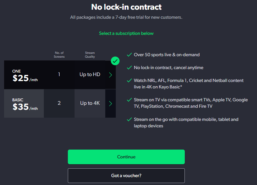 Kayo Sports Pricing Plans