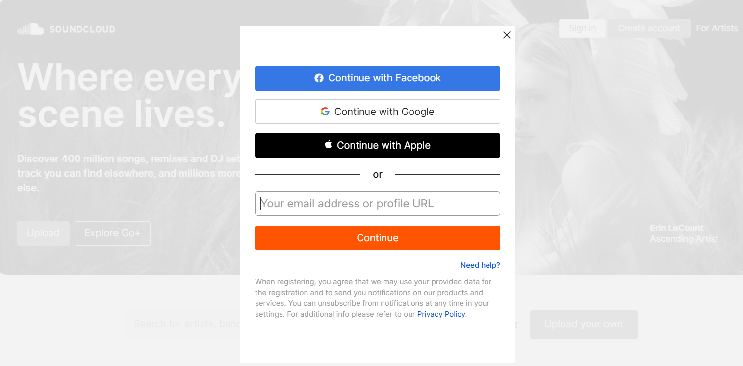 Soundcloud sign up page