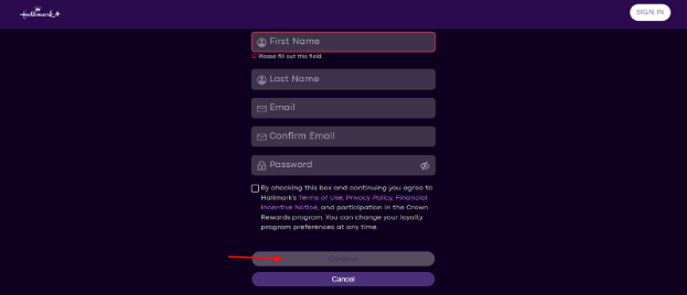 Hallmark Plus Sign up page
