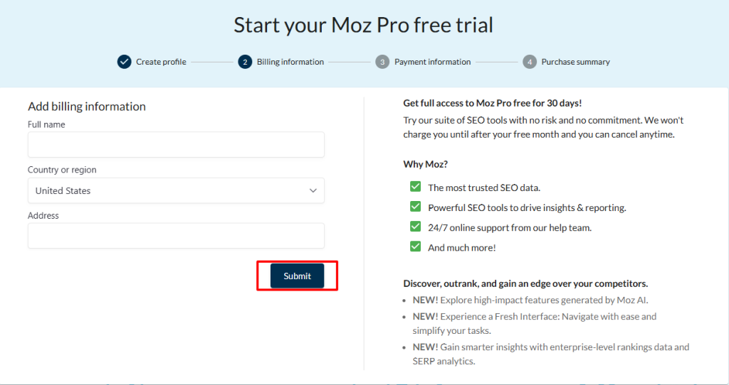 Moz billing information