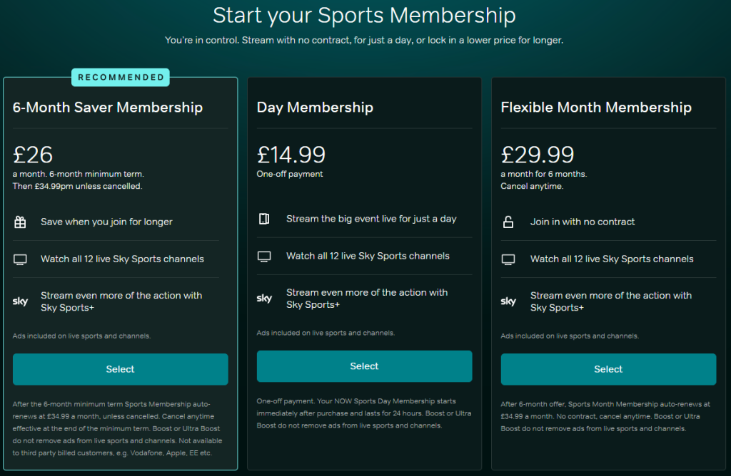 NOW TV Sports Memberships