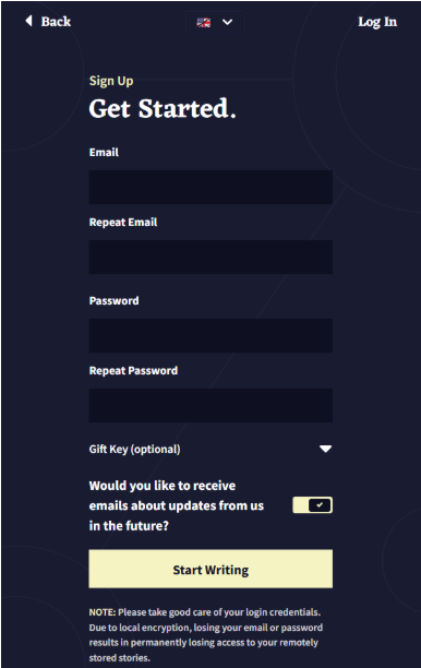 NovelAI Website Signup page