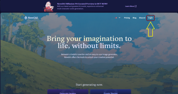 NovelAI Website login button