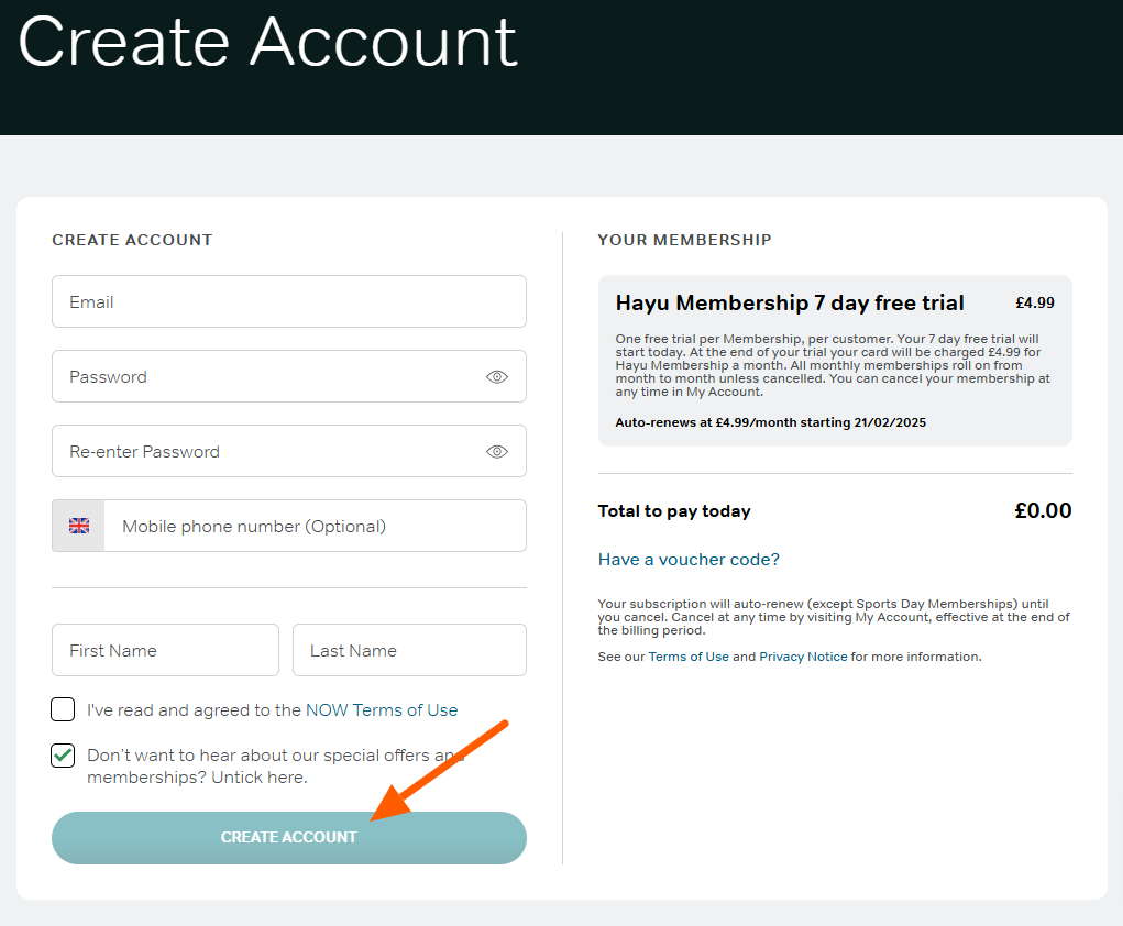Now account creation page