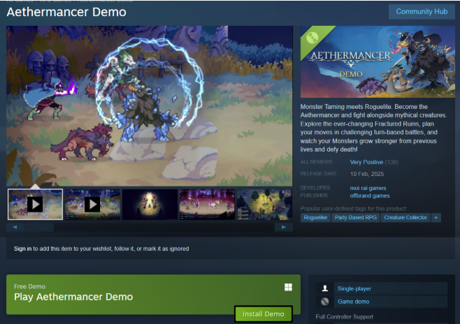 Steam website Install Demo button