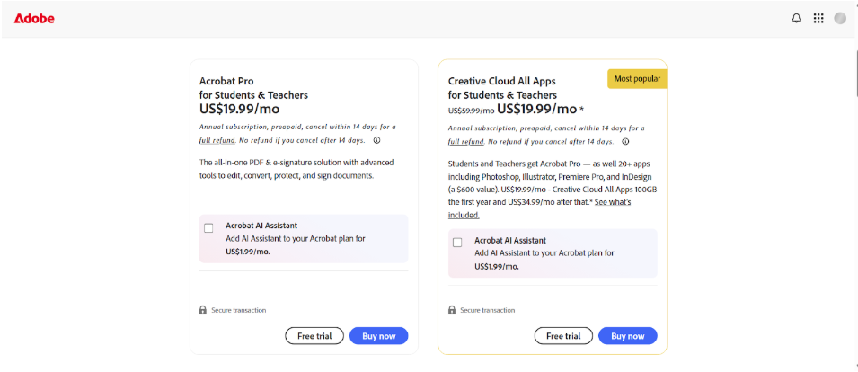 Acrobat Pro for Students & Teachers plan