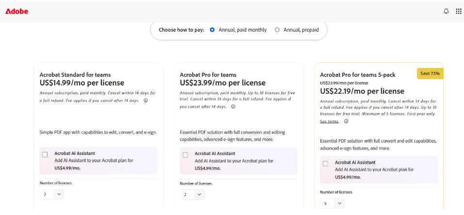 Adobe Acrobat Pricing page