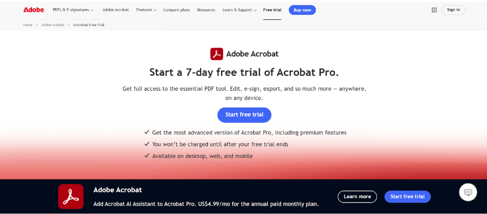 Adobe Acrobat free trial page