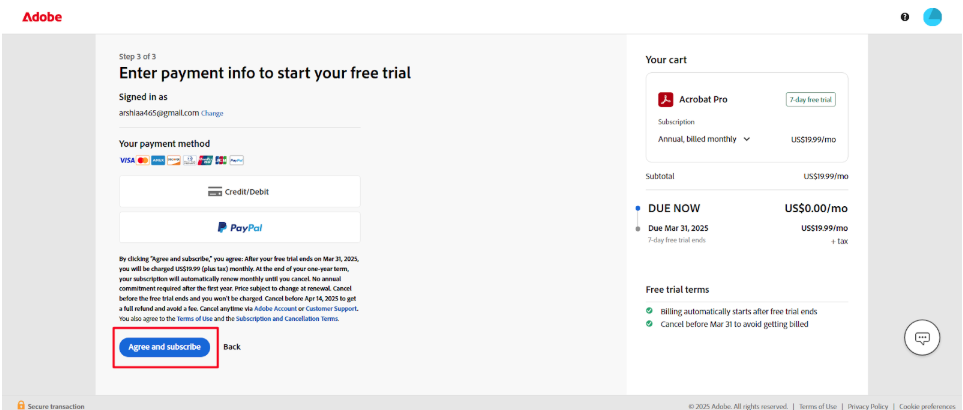 Adobe Acrobat payment option