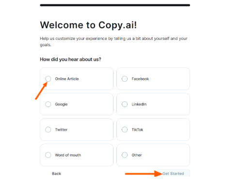 Copy.AI Get Started Page