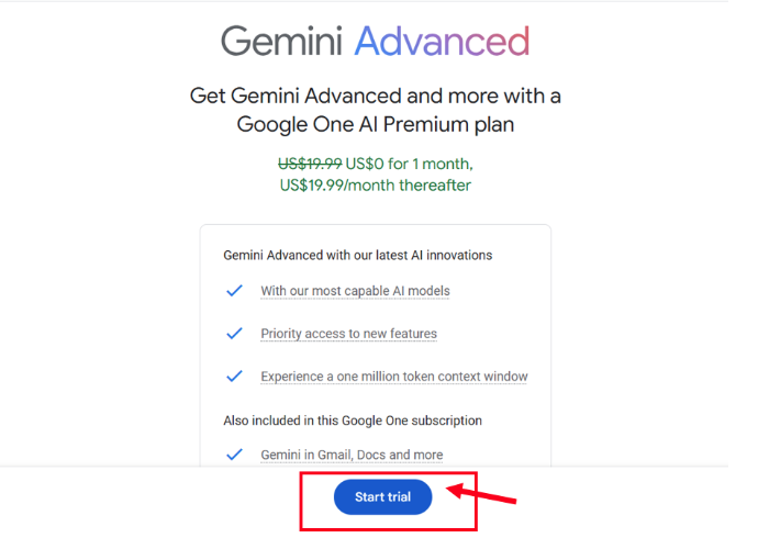 Gemini start trial option