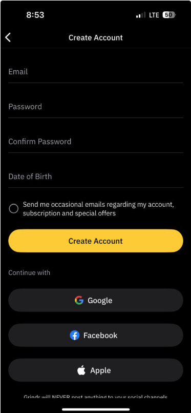 Grindr's Account creation