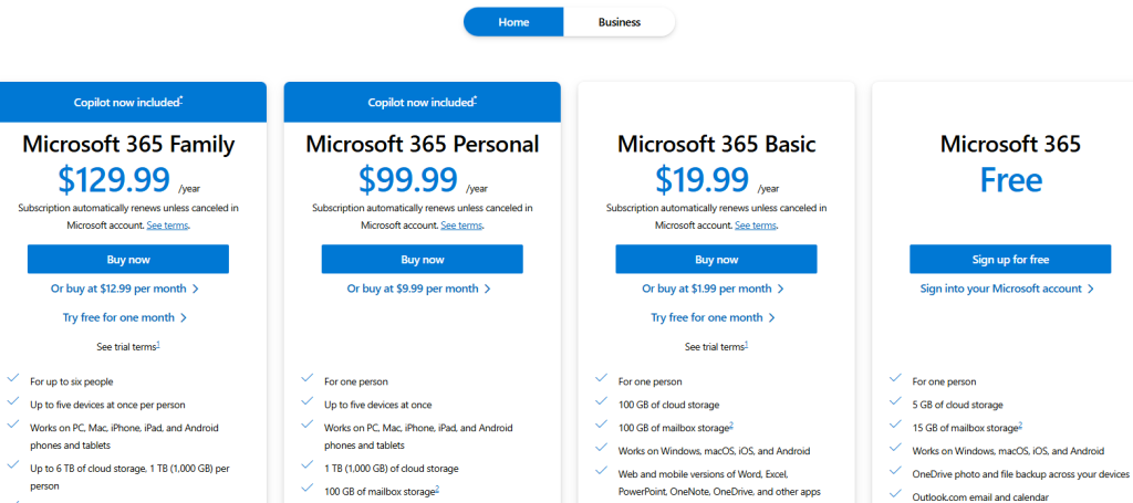 Microsoft Home Pricing Plans