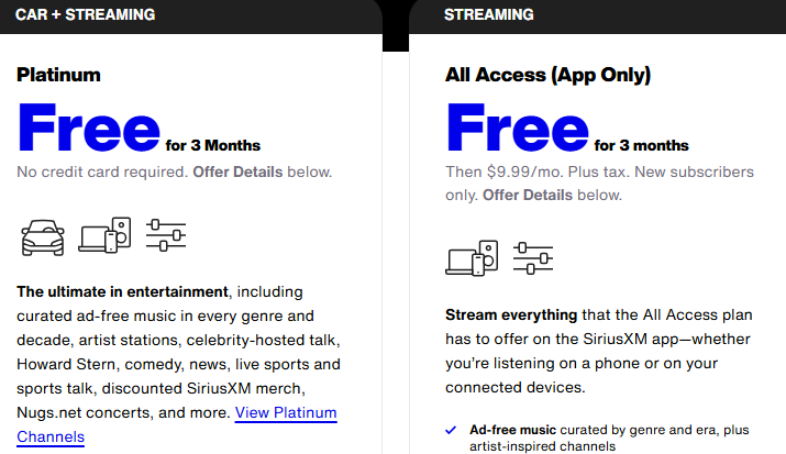 SiriusXM Free Trial Page