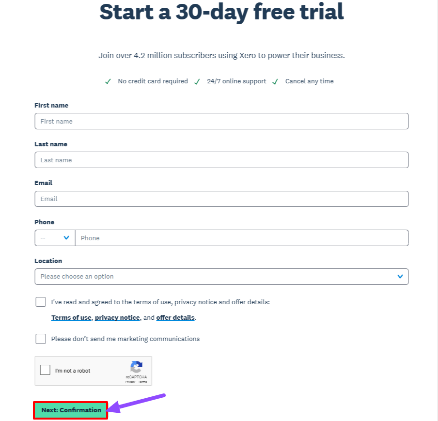 Xero Sign Up Page