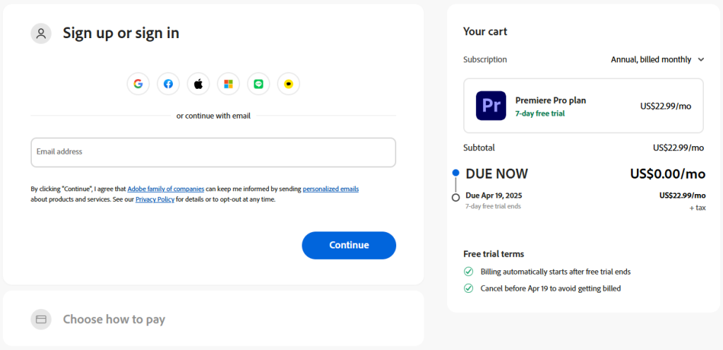 Adobe Sign Up Page