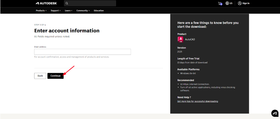 AutoCAD Sign in page