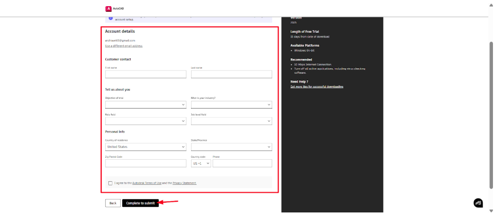 AutoCAD account creation form