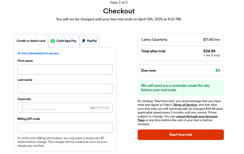 Fubo TV Checkout Page