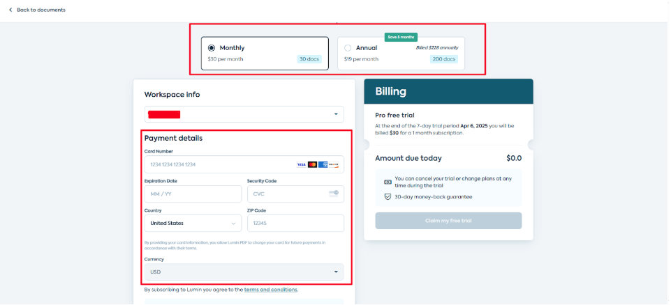 Lumin Payment Details page