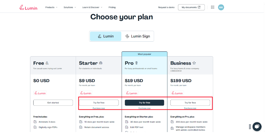 Lumin monthly and annual plans