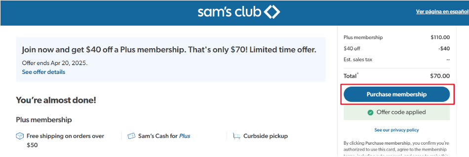 Sam’s Club Checkout page