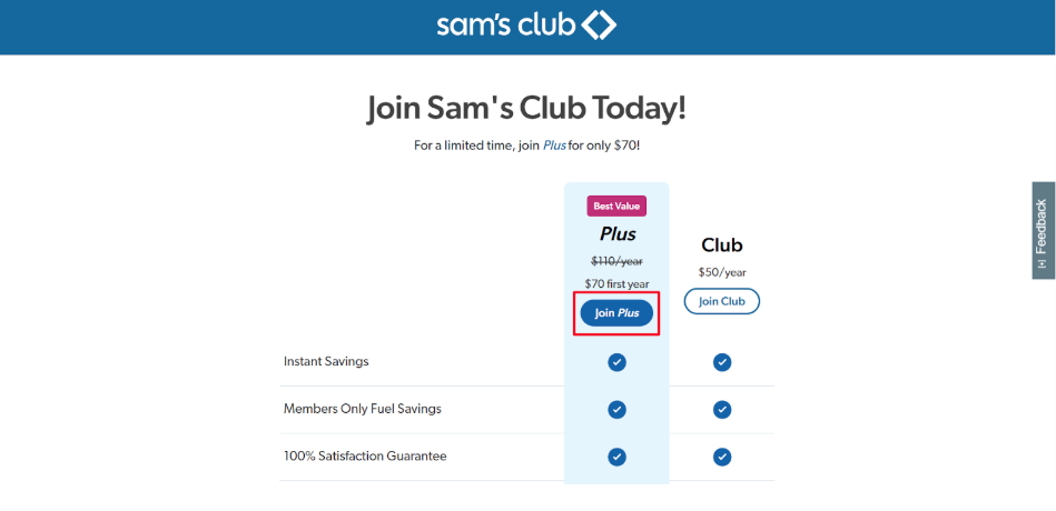 Sam’s Club joining page