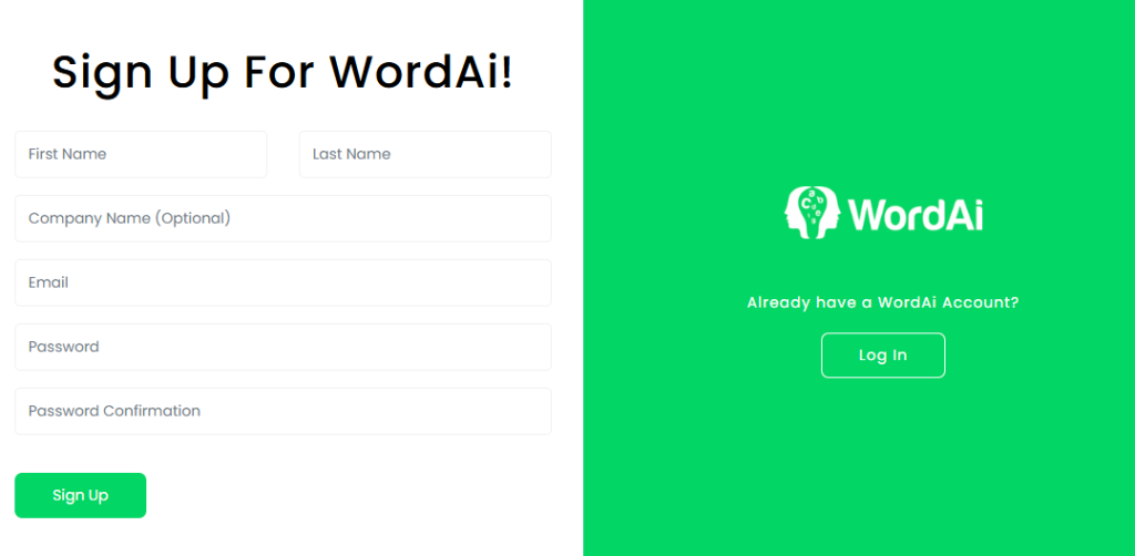 WordAi Sign-up Page