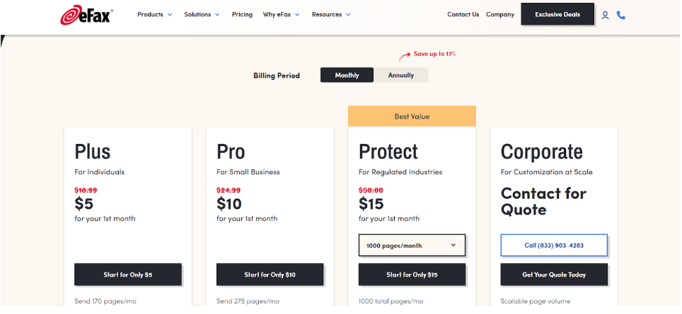 eFax Monthly Pricing