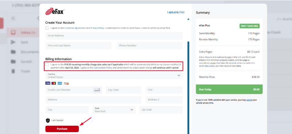 eFax account creation page